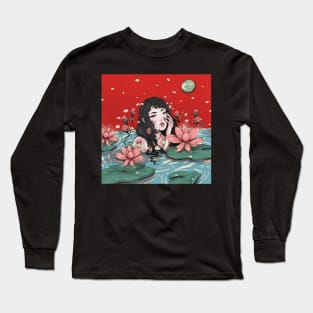 LOTUS GIRL WOMAN ILLUSTRATION POND ART moon Long Sleeve T-Shirt